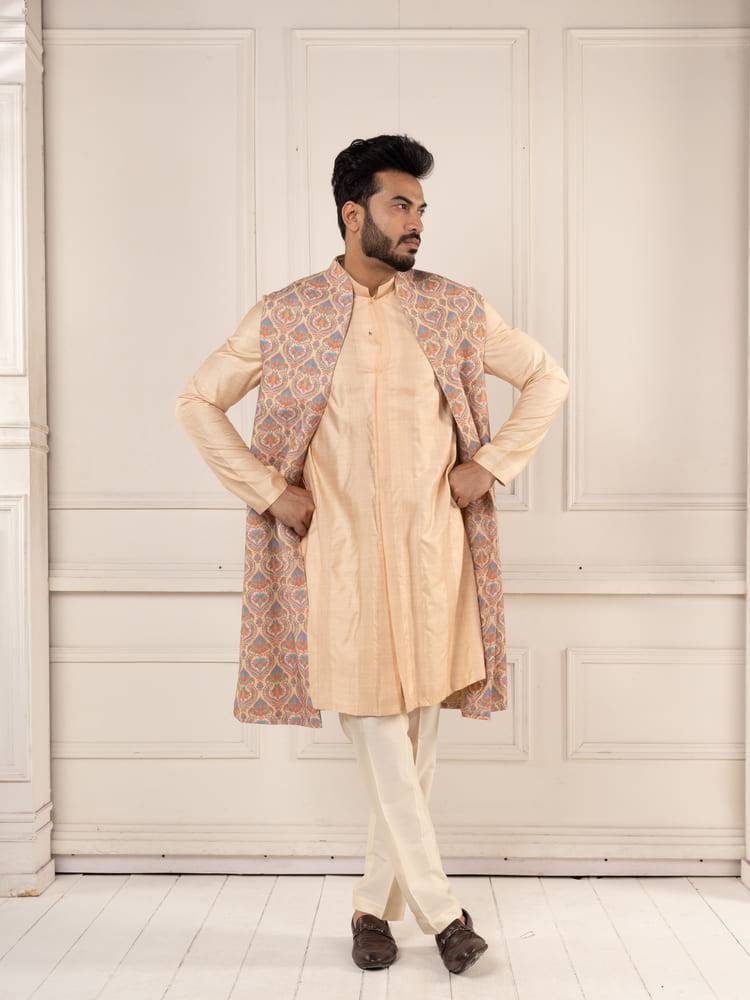 Peach Jamevar Embroidered Long Jacket Set