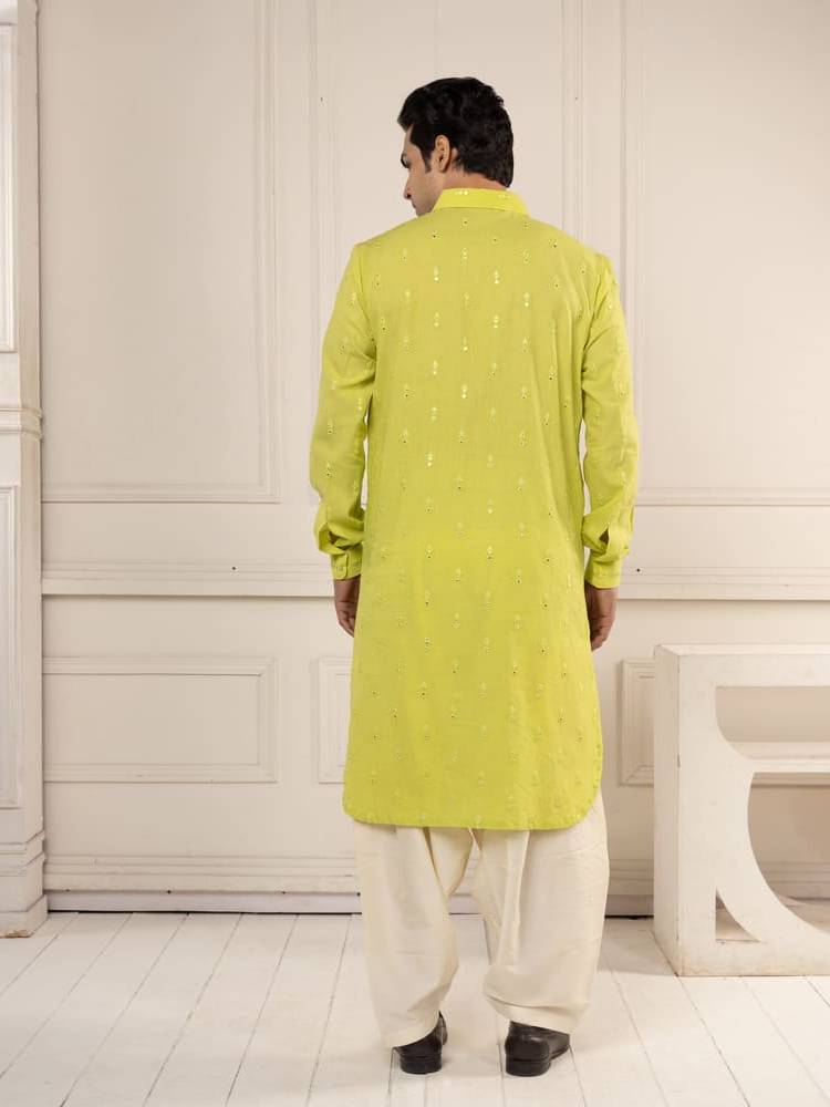 Neon Green Mirror Work Pathani Set