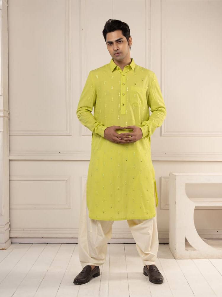 Neon Green Mirror Work Pathani Set