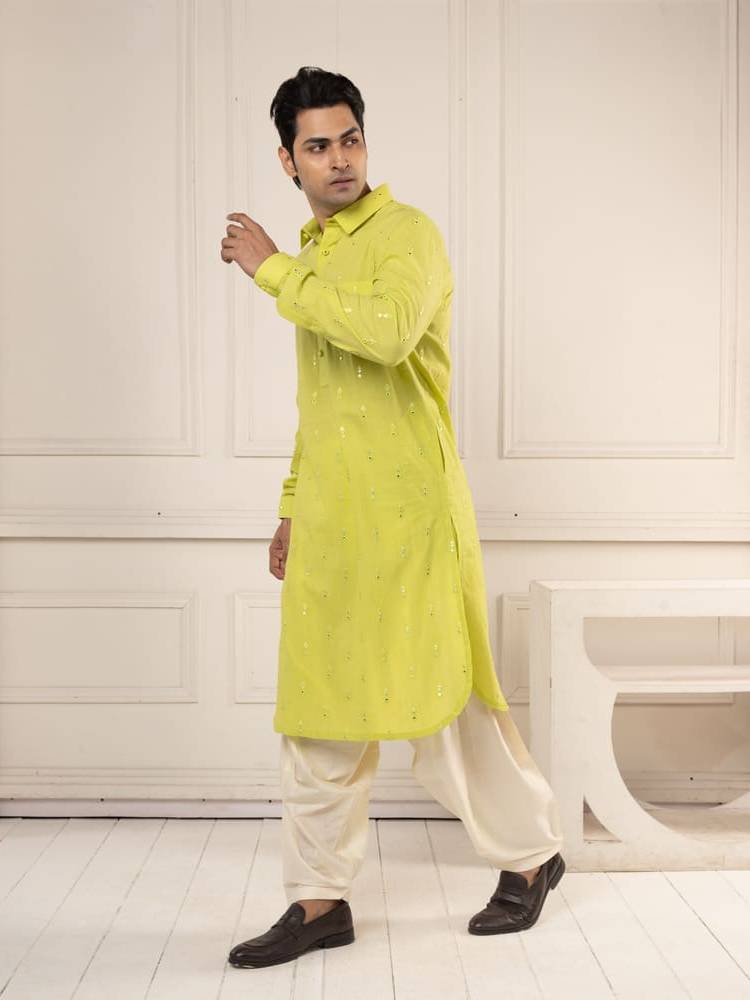 Neon Green Mirror Work Pathani Set