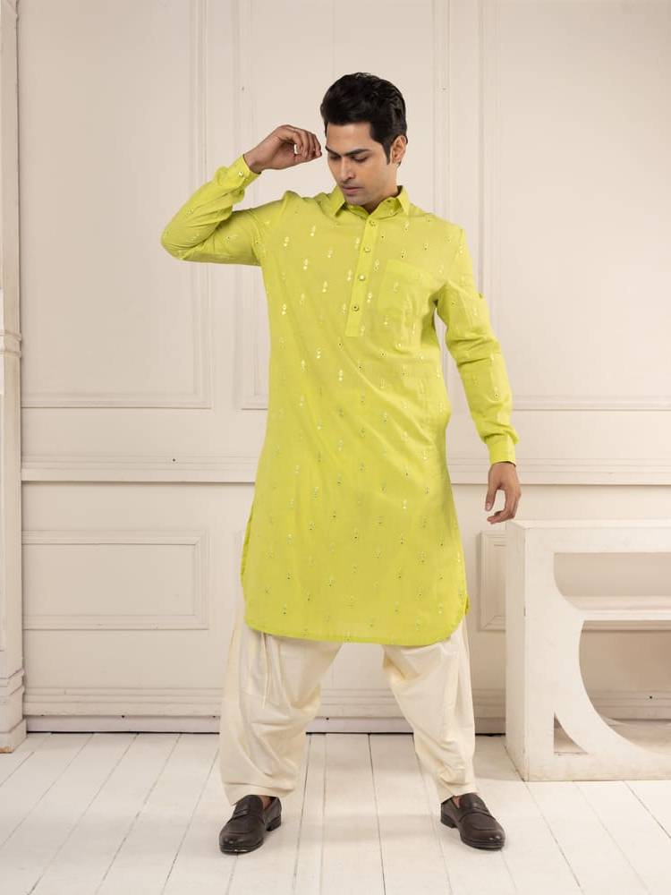 Neon Green Mirror Work Pathani Set