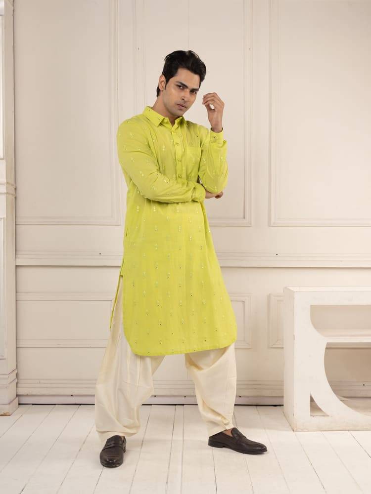 Neon Green Mirror Work Pathani Set
