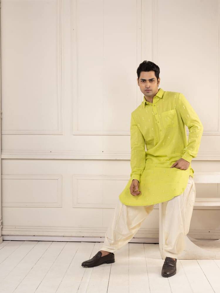Neon Green Mirror Work Pathani Set