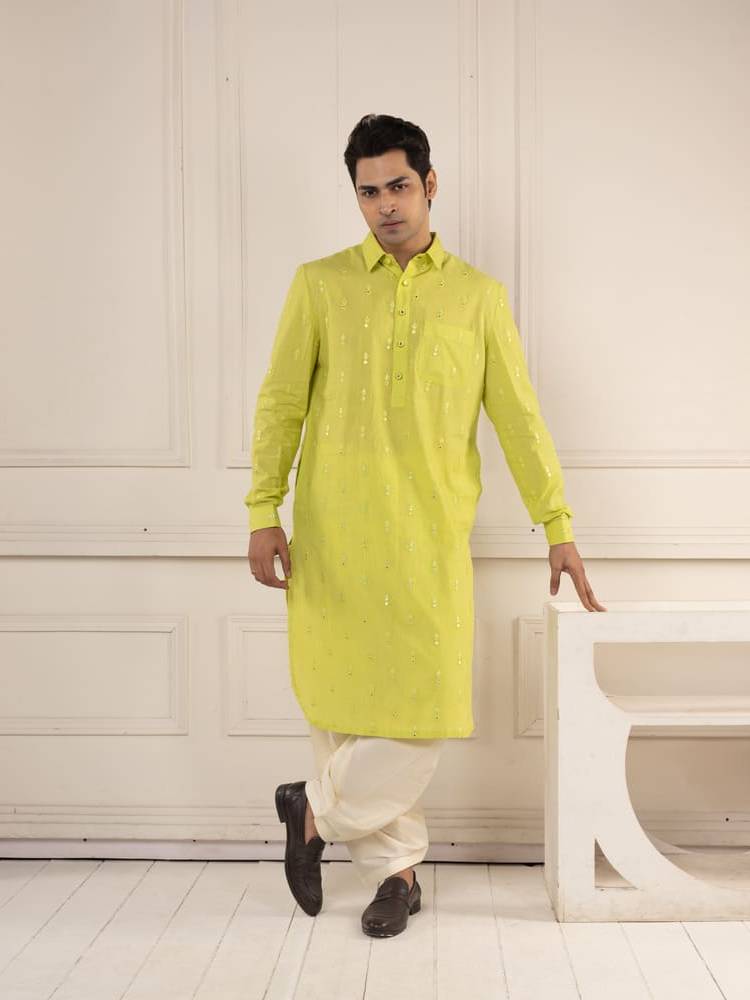 Neon Green Mirror Work Pathani Set