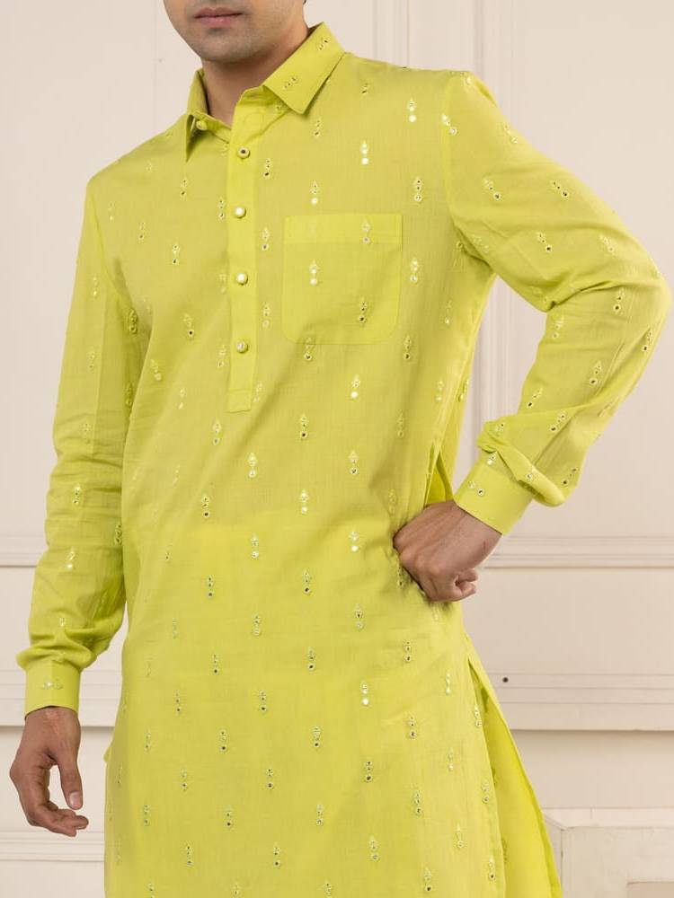Neon Green Mirror Work Pathani Set