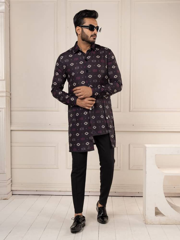 Black Ikkat Print Short Kurta Set