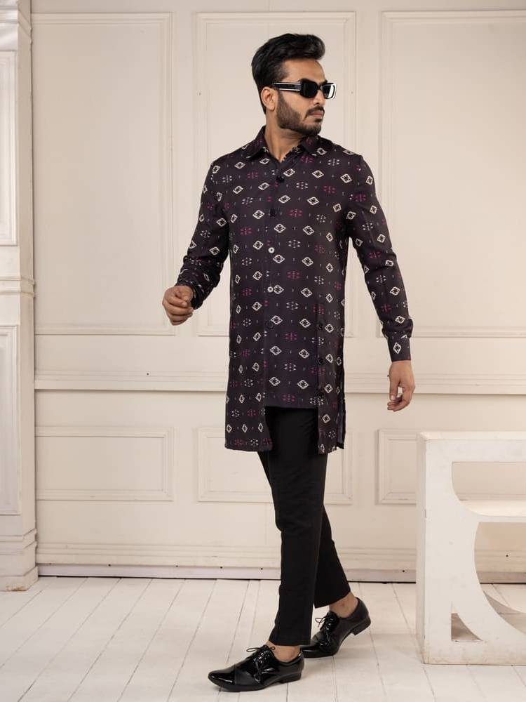 Black Ikkat Print Short Kurta Set