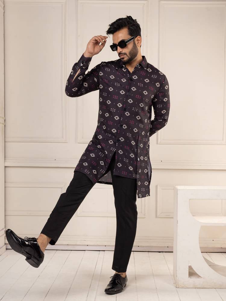 Black Ikkat Print Short Kurta Set
