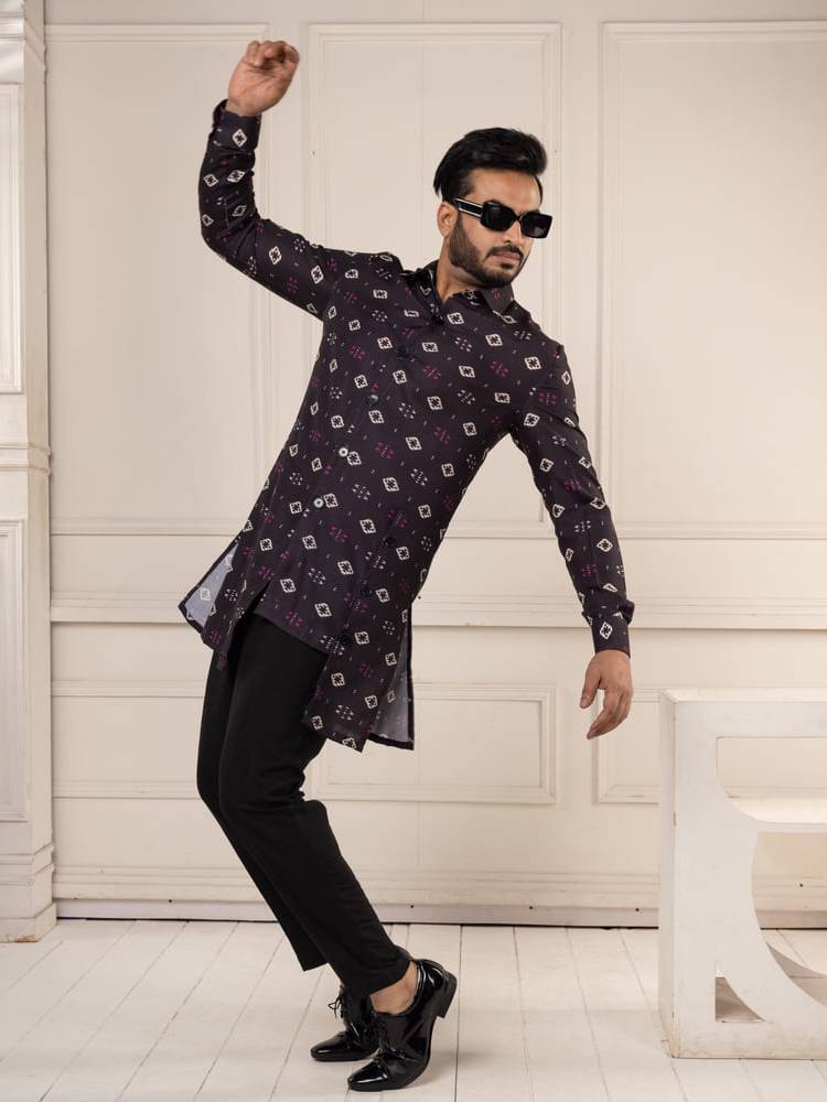 Black Ikkat Print Short Kurta Set