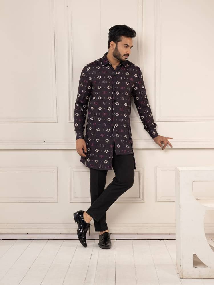 Black Ikkat Print Short Kurta Set