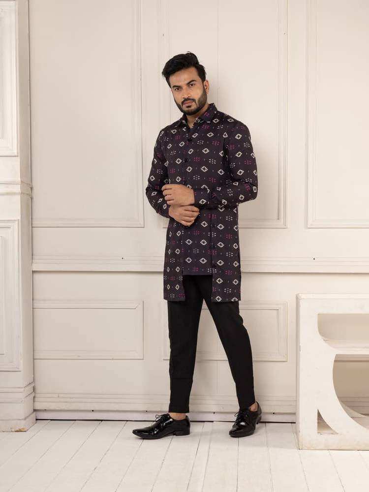 Black Ikkat Print Short Kurta Set