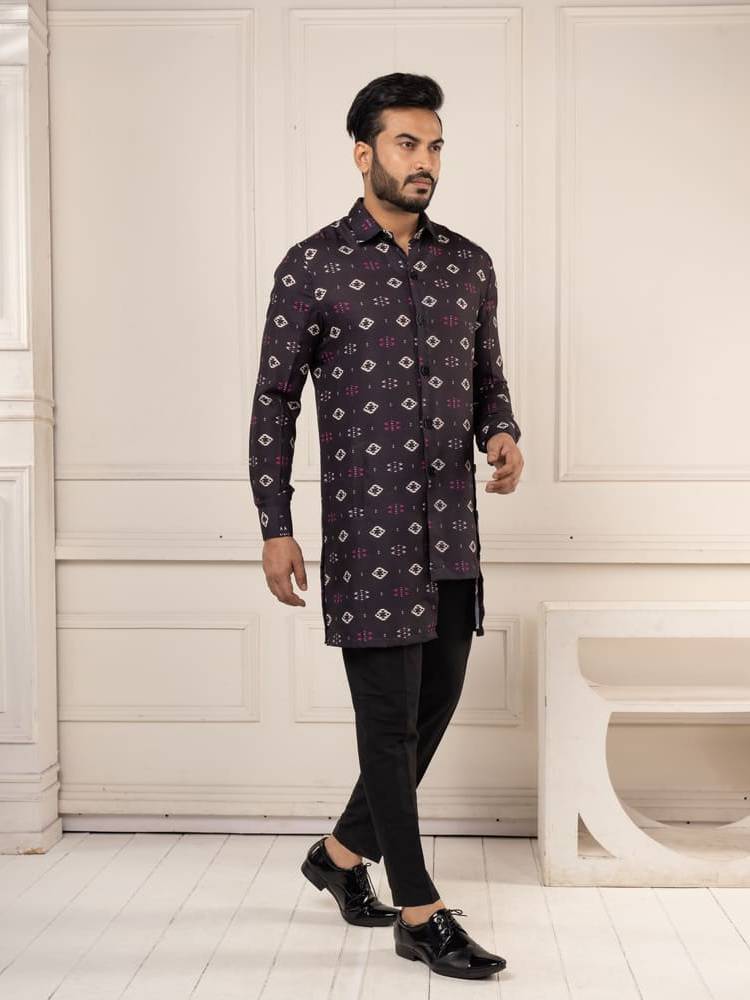 Black Ikkat Print Short Kurta Set