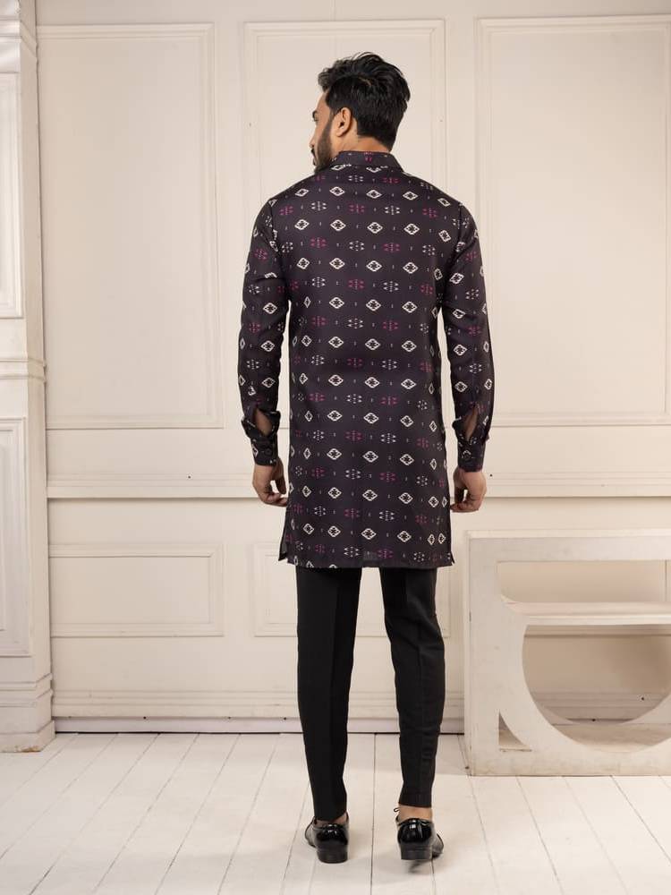 Black Ikkat Print Short Kurta Set