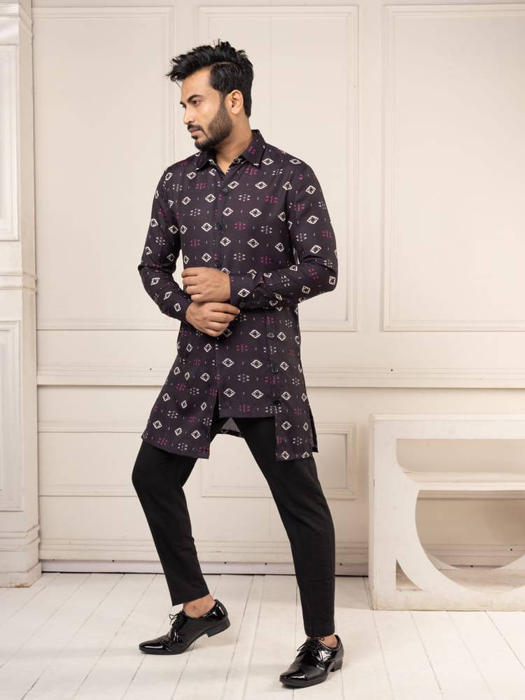 Black Ikkat Print Short Kurta Set