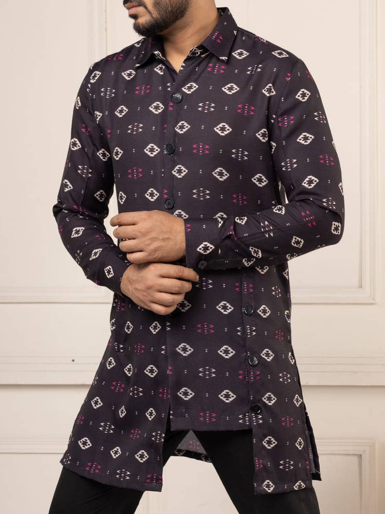 Black Ikkat Print Short Kurta Set