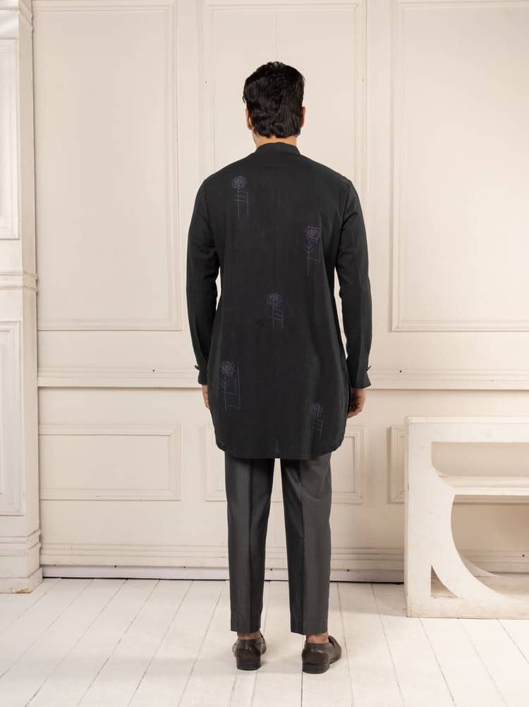 Black Full Open Machine Ambroidred Short Kurta Set
