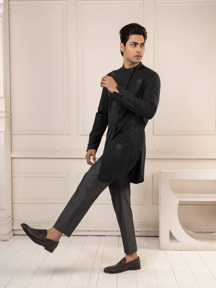Black Full Open Machine Ambroidred Short Kurta Set