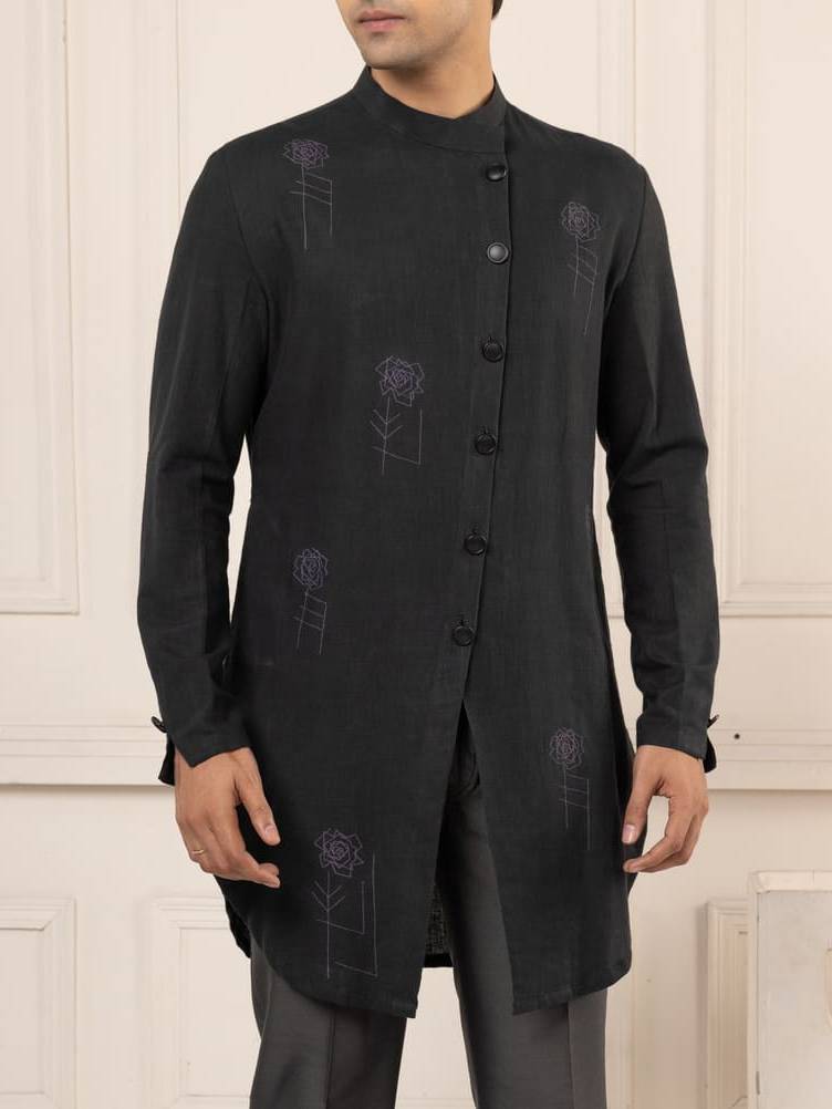 Black Full Open Machine Ambroidred Short Kurta Set