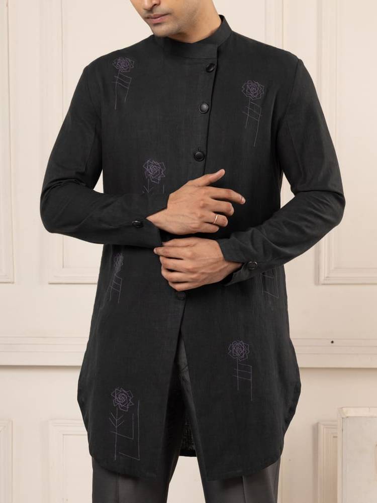 Black Full Open Machine Ambroidred Short Kurta Set
