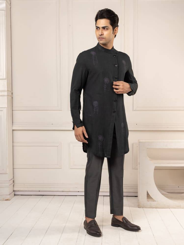 Black Full Open Machine Ambroidred Short Kurta Set
