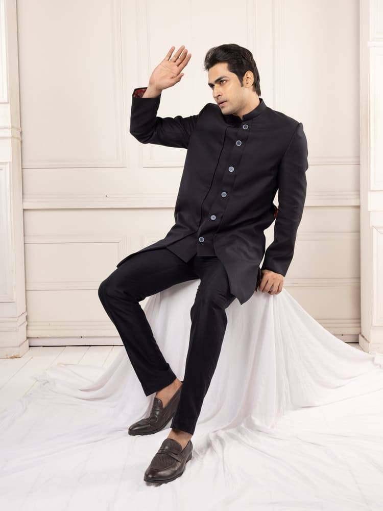 Classic Black Achkan Set with Tailored Fit trousers