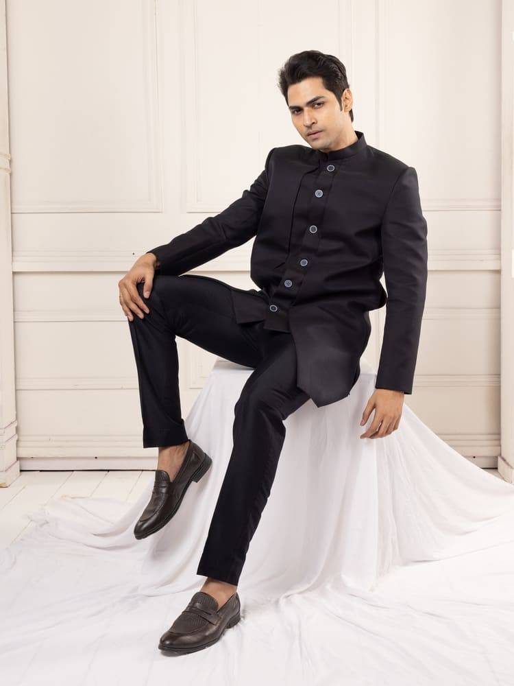 Classic Black Achkan Set with Tailored Fit trousers