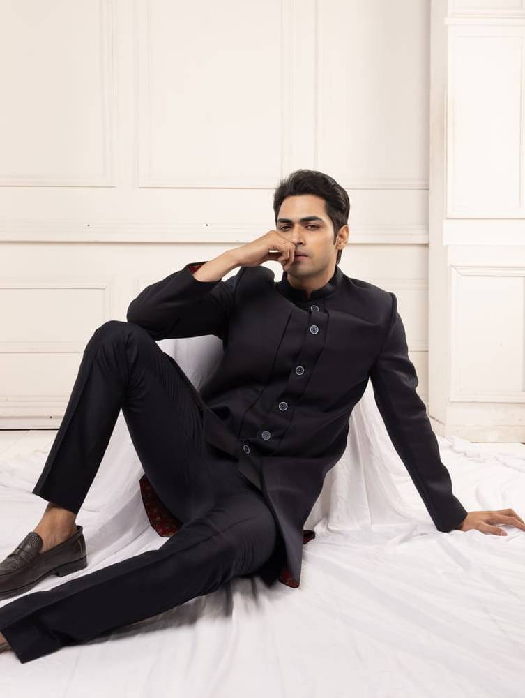 Classic Black Achkan Set with Tailored Fit trousers