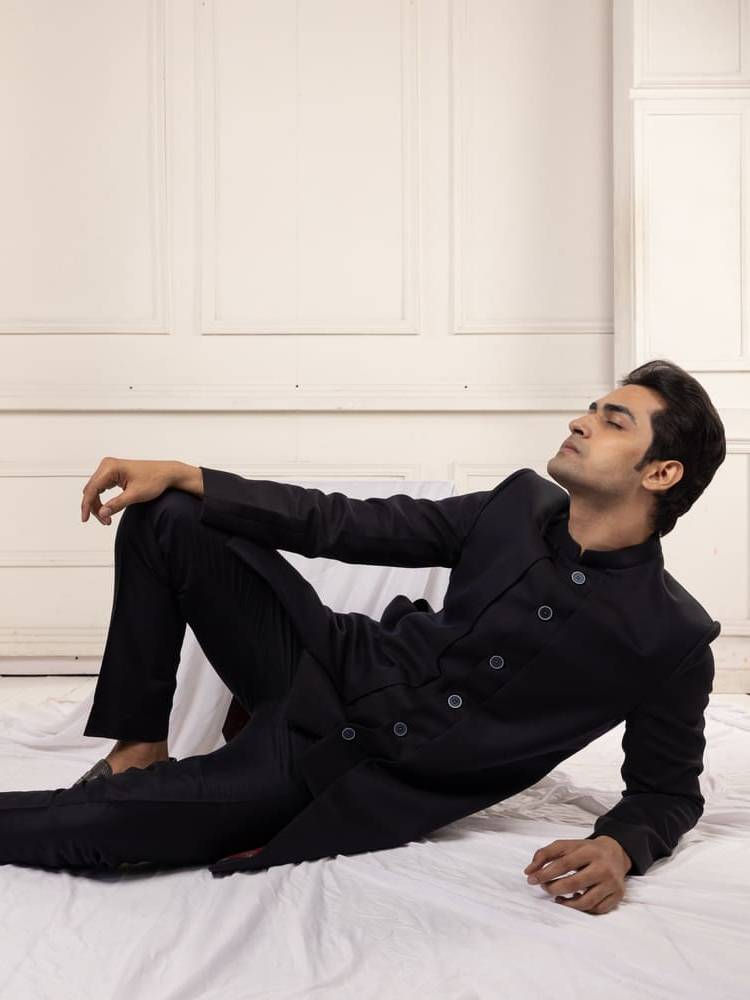 Classic Black Achkan Set with Tailored Fit trousers