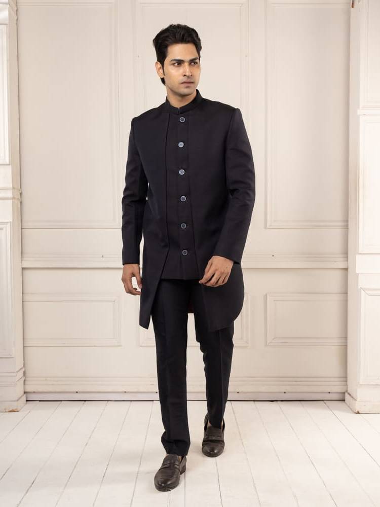 Classic Black Achkan Set with Tailored Fit trousers