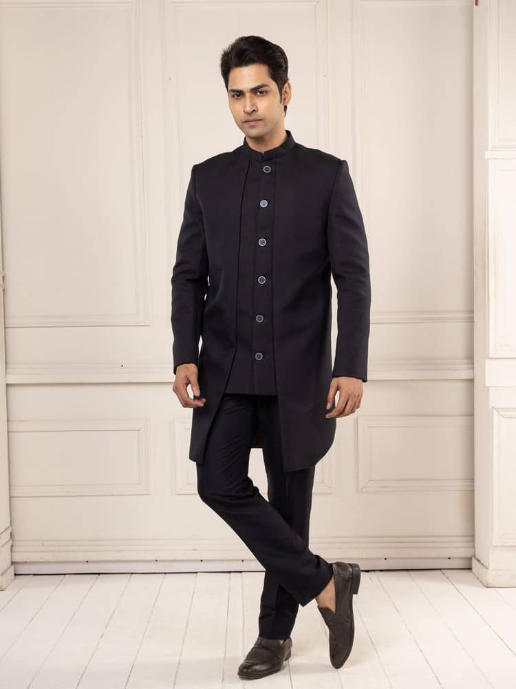 Classic Black Achkan Set with Tailored Fit trousers