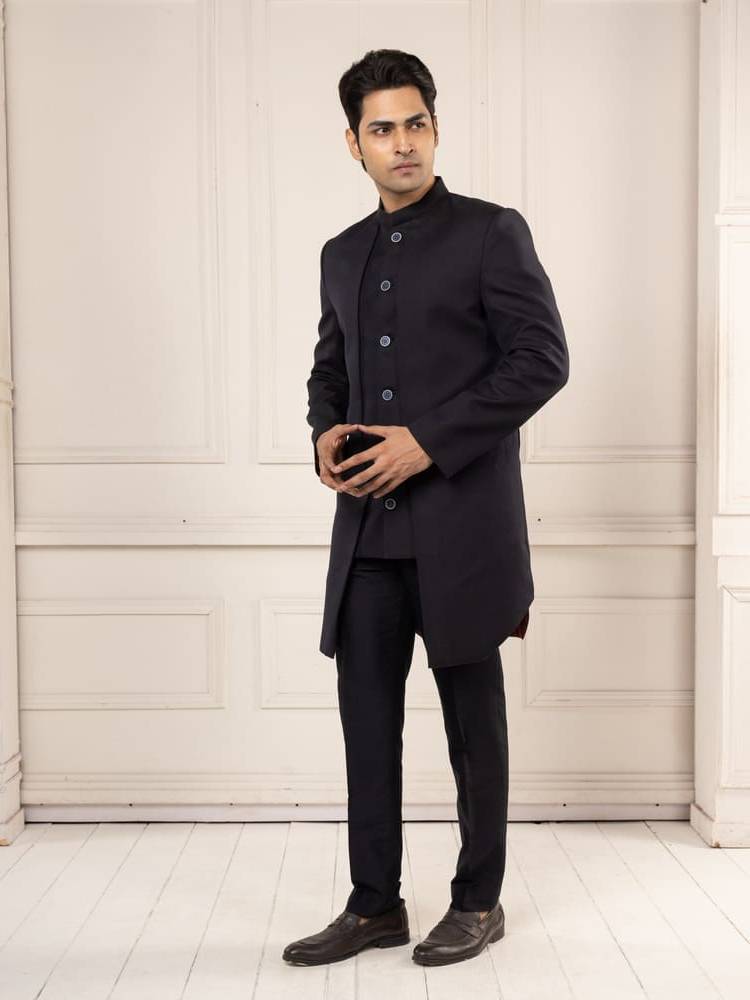 Classic Black Achkan Set with Tailored Fit trousers