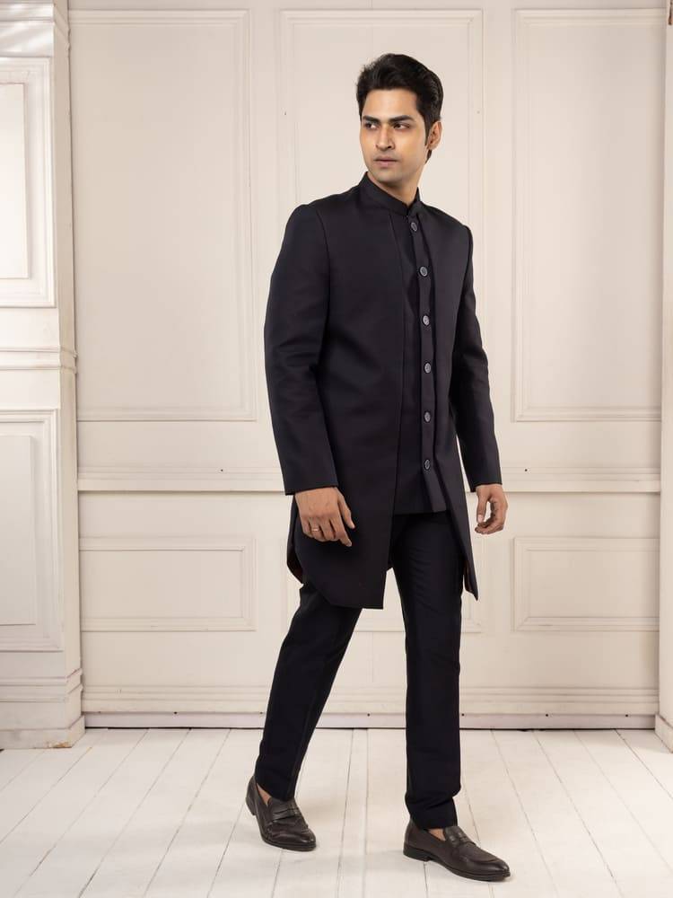 Classic Black Achkan Set with Tailored Fit trousers