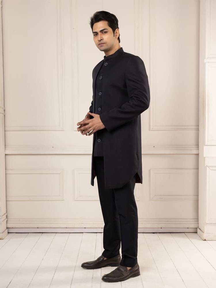 Classic Black Achkan Set with Tailored Fit trousers