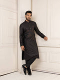 Black Embroidered Kurta Set with Mandarin Collar & Geometric Thread Work