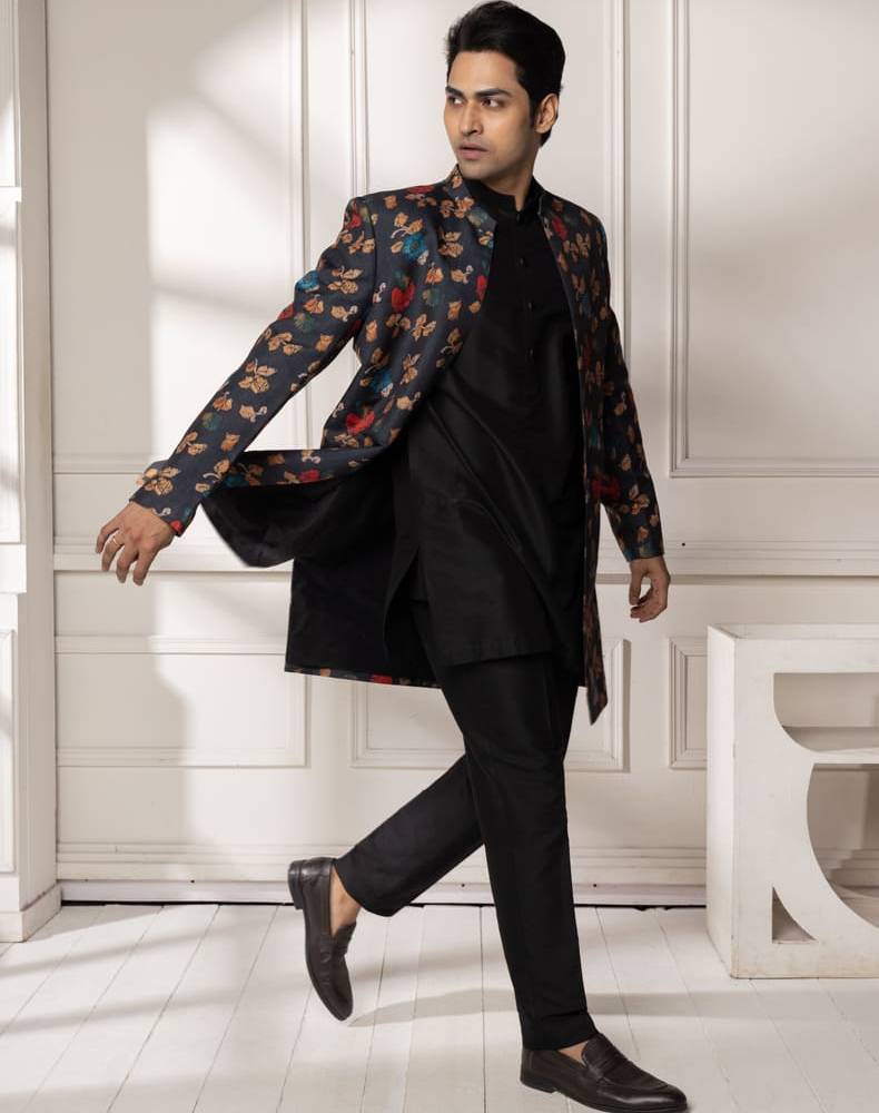 Black Full Open Floral Print Jacket Set