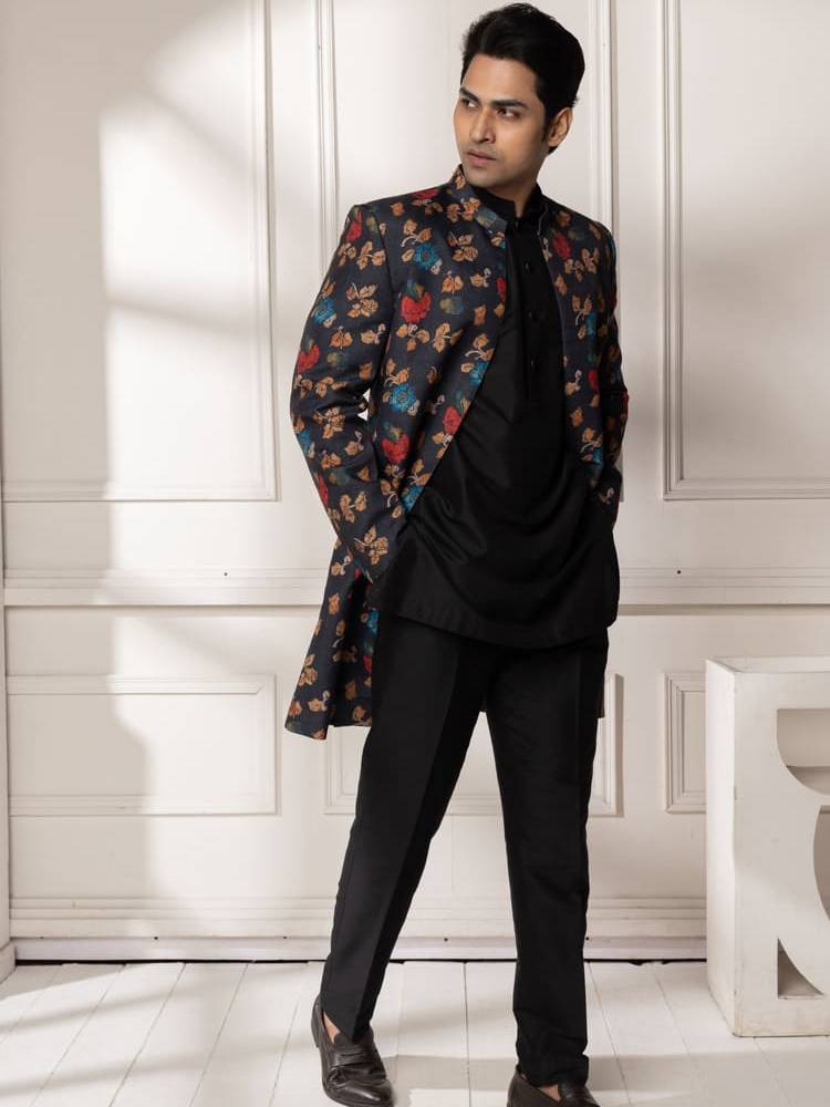 Black Full Open Floral Print Jacket Set