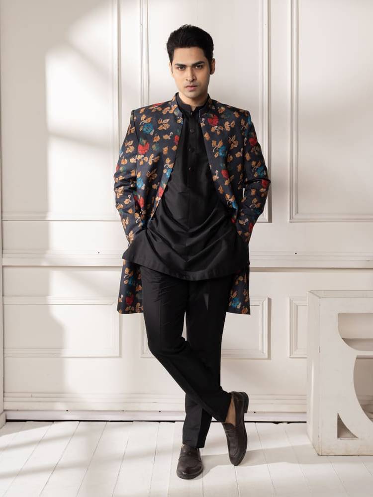 Black Full Open Floral Print Jacket Set