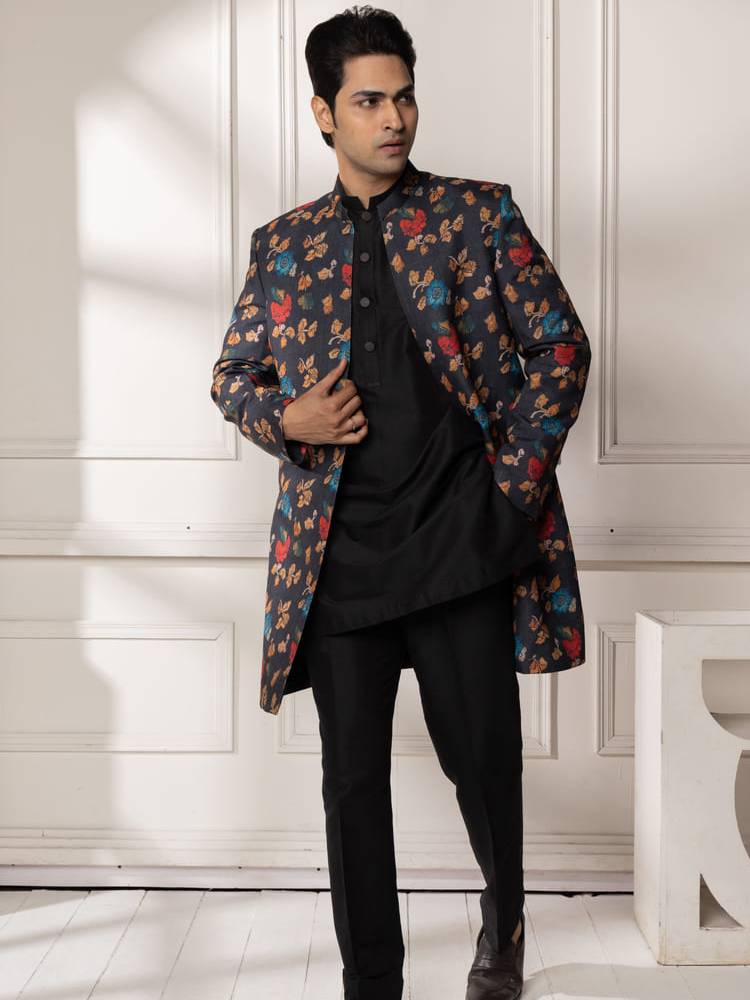 Black Full Open Floral Print Jacket Set