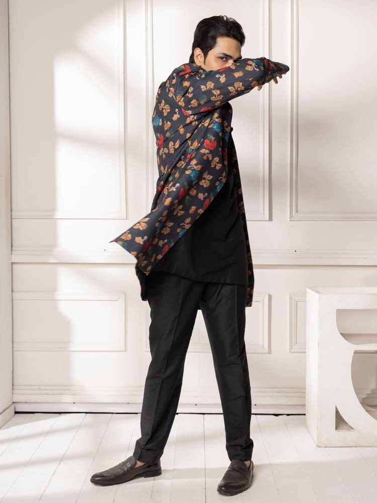 Black Full Open Floral Print Jacket Set