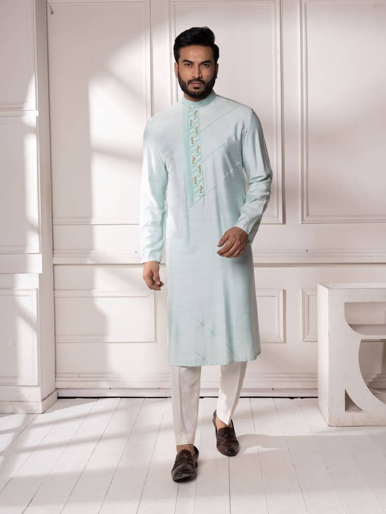 Aqua pintucks and embroidered Kurta Set
