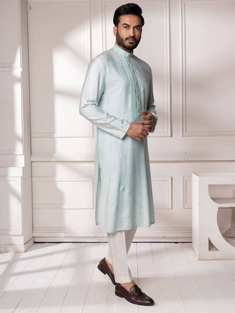 Aqua pintucks and embroidered Kurta Set