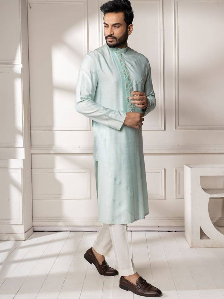 Aqua pintucks and embroidered Kurta Set