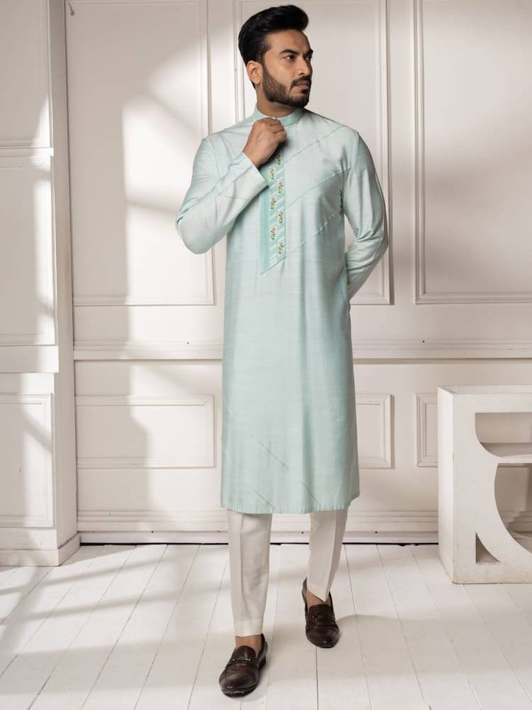 Aqua pintucks and embroidered Kurta Set