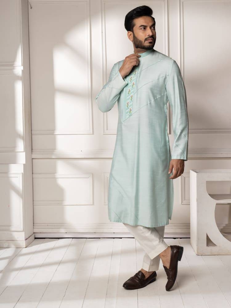 Aqua pintucks and embroidered Kurta Set