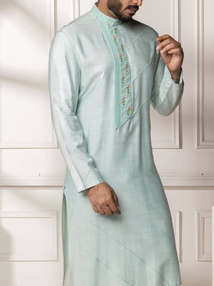 Aqua pintucks and embroidered Kurta Set