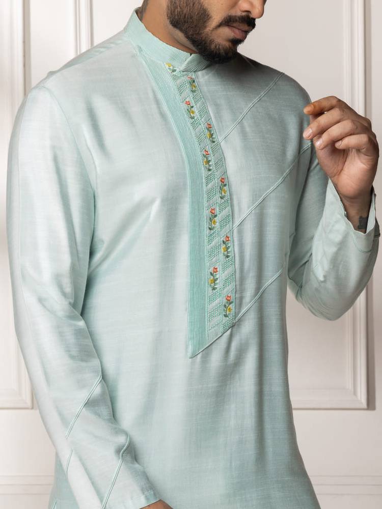 Aqua pintucks and embroidered Kurta Set