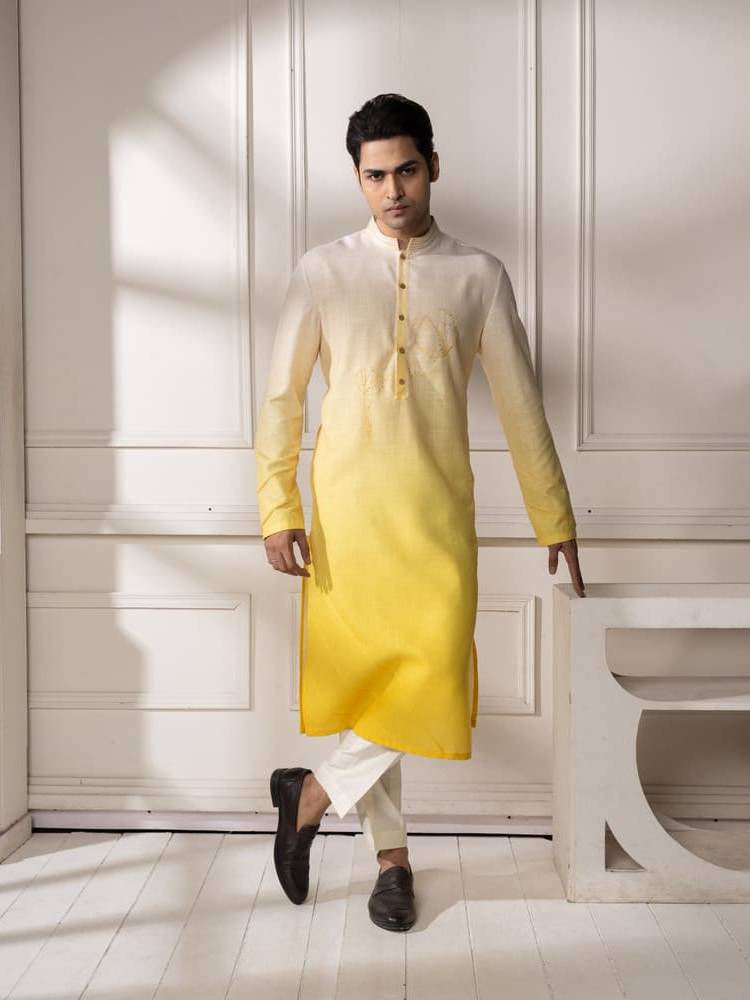Yellow Cream Ombre Embroidered Kurta Set