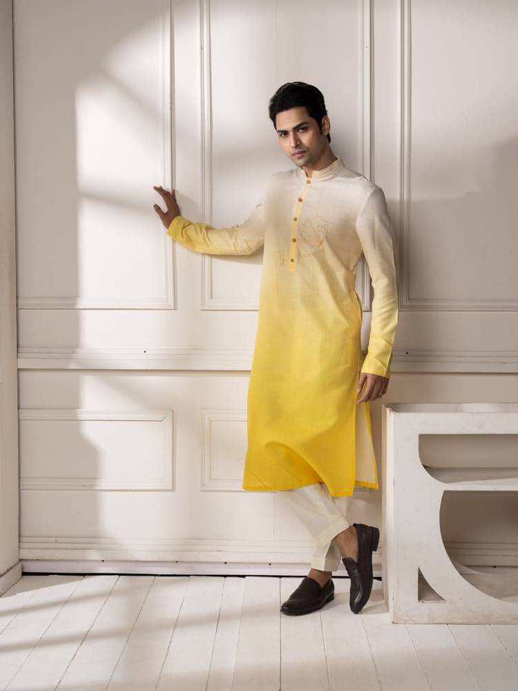 Yellow Cream Ombre Embroidered Kurta Set