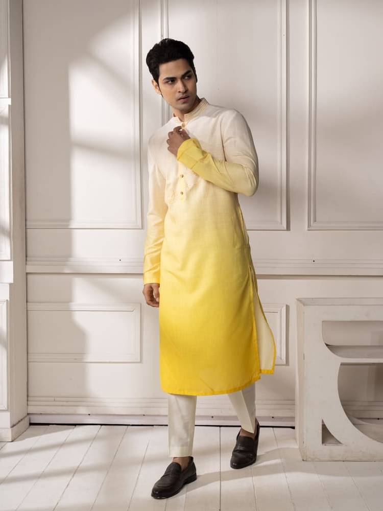 Yellow Cream Ombre Embroidered Kurta Set