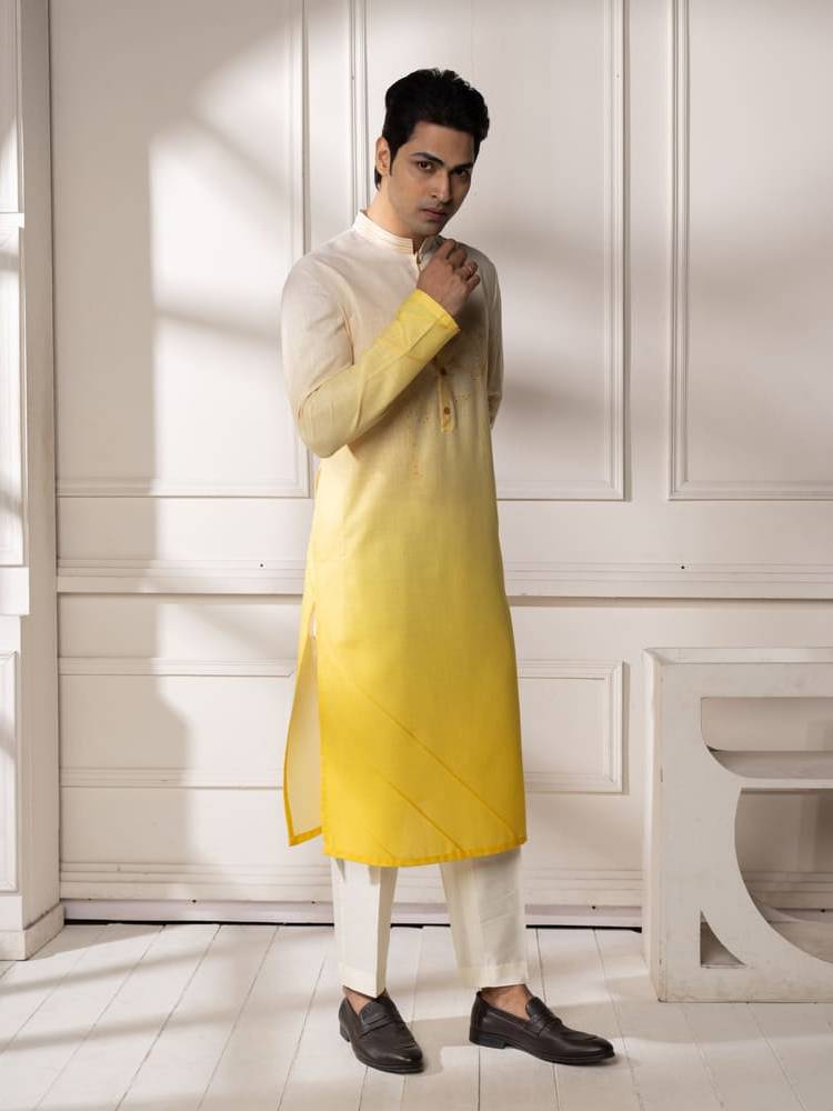 Yellow Cream Ombre Embroidered Kurta Set